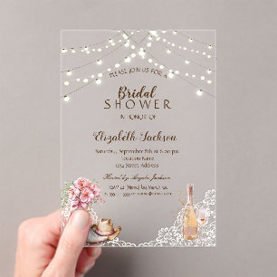 Invitations En Acrylique Rustique, dentelle, bottes Fleurs Shower de mariag
