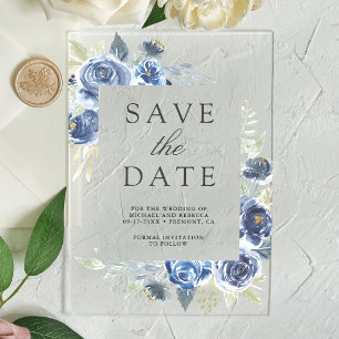 Invitations En Acrylique Rustique Fleurs Bleu Poussiéreux Mariage Enregistr