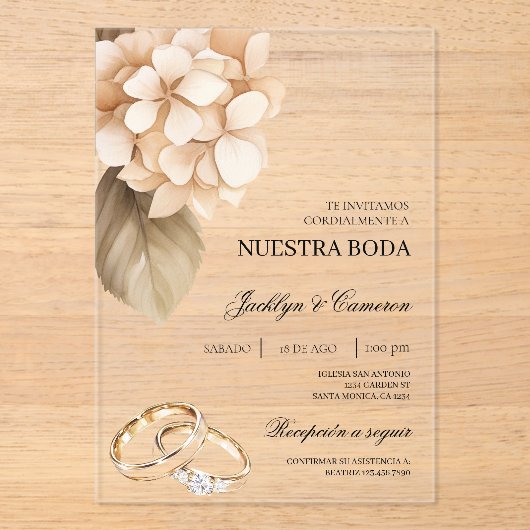 Invitations En Acrylique Rustique Hydrangea avec anneau Mariage espagnol (Recto)