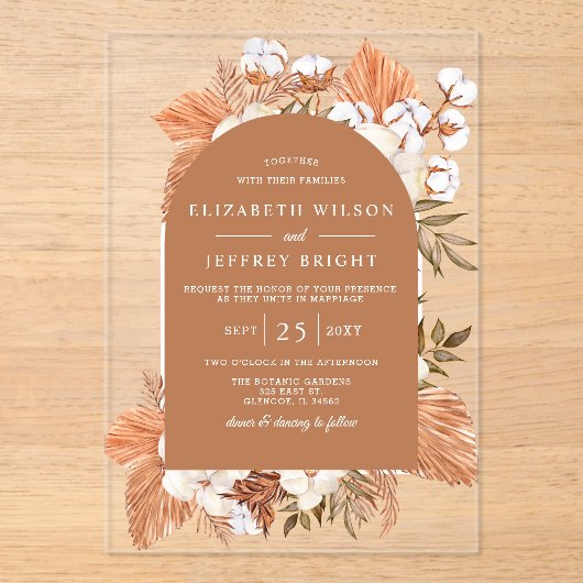 Invitations En Acrylique Rustique Terracotta Boho Pampas Arché Mariage (Recto)