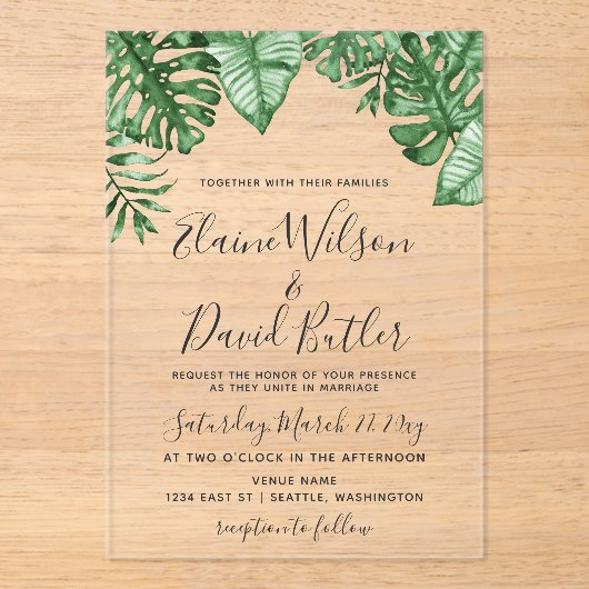 Invitations En Acrylique Rustique Tropical Greenery Mariage botanique (Recto)