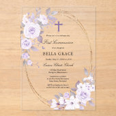 Invitations En Acrylique Rustique violet Rose Floral Première sainte commun (Recto)
