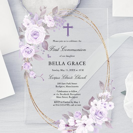 Invitations En Acrylique Rustique violet Rose Floral Première sainte commun