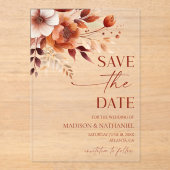 Invitations En Acrylique Rusty Burgundy Brown Floral Wedding Save The Date (Recto)
