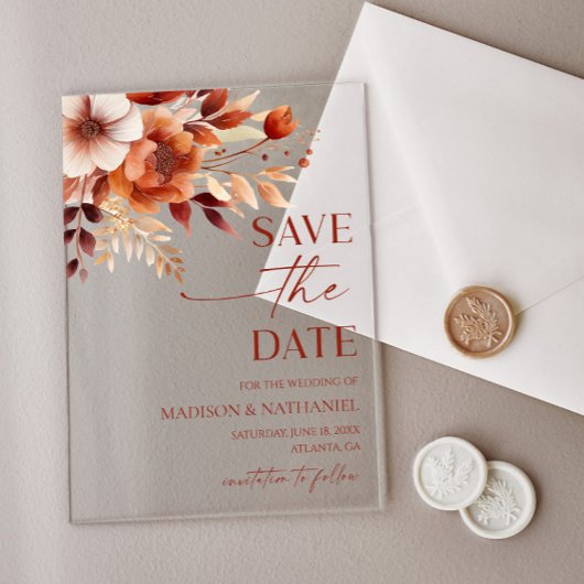 Invitations En Acrylique Rusty Burgundy Brown Floral Wedding Save The Date