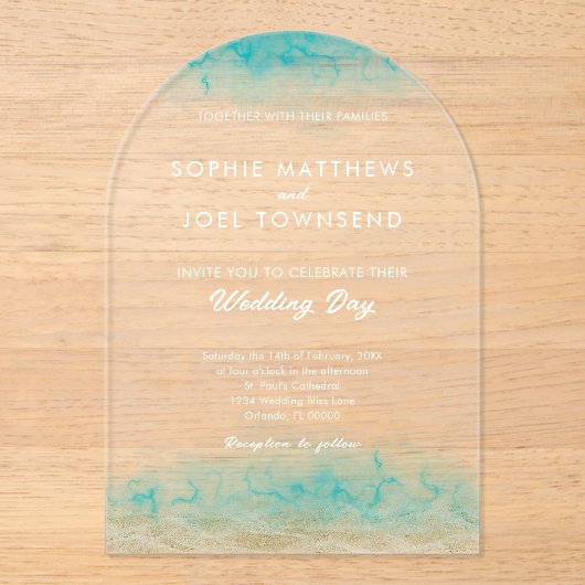 Invitations En Acrylique Sable & Mer Turquoise White Beach Mariage à thème (Recto)