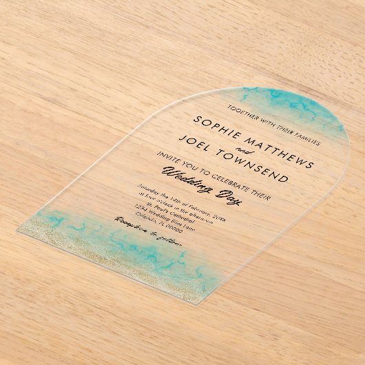 Invitations En Acrylique Sable moderne et plage Turquoise de mer Mariage à  (Poser)