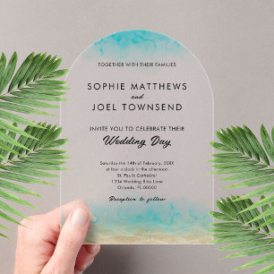 Invitations En Acrylique Sable moderne et plage Turquoise de mer Mariage à
