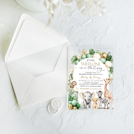 Invitations En Acrylique Safari animal Tropical vert sauvage Un Baby shower