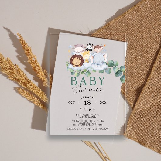 Invitations En Acrylique Safari Animaux Baby shower espagnol Jungle
