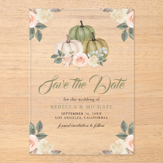 Invitations En Acrylique Sage Citrouille Pêcher mariage floral Enregistrer (Recto)