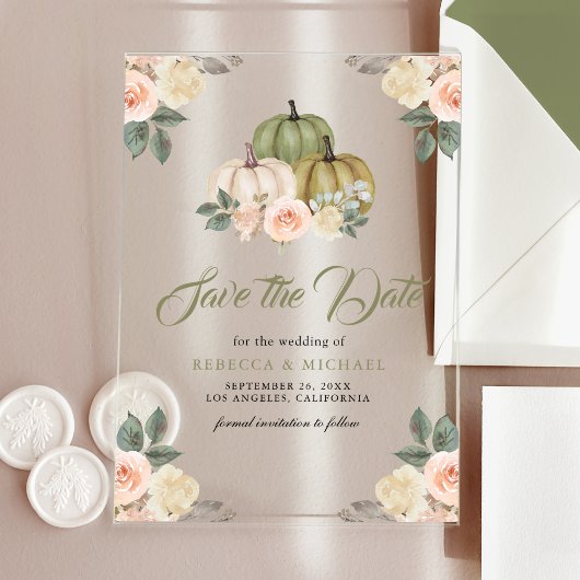 Invitations En Acrylique Sage Citrouille Pêcher mariage floral Enregistrer 