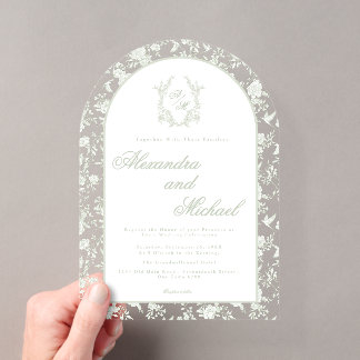 Invitations En Acrylique Sage Élégant Floral Monogram Toile