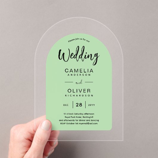 Invitations En Acrylique Sage Green Arch mariage acrylique invite moderne (In situ (ordinateur de poche))