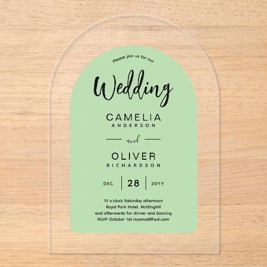 Invitations En Acrylique Sage Green Arch mariage acrylique invite moderne (Recto)