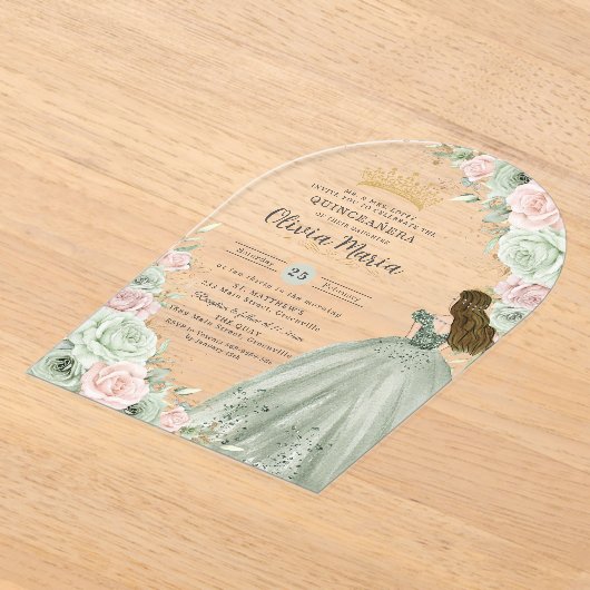 Invitations En Acrylique Sage Green Blush rose Floral Princess Quinceañera (Poser)