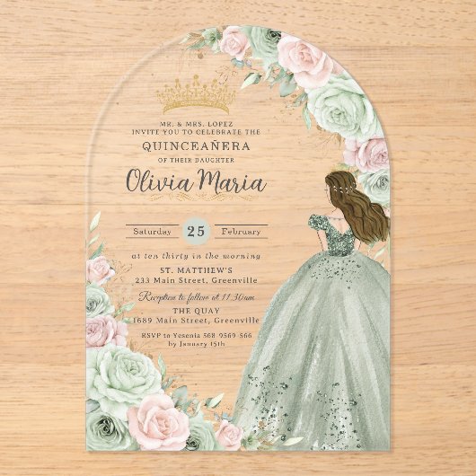 Invitations En Acrylique Sage Green Blush rose Floral Princess Quinceañera (Recto)