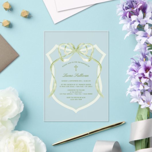 Invitations En Acrylique Sage Green Bow Crest Baptême (Insitu (Mariage))