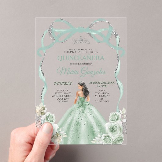 Invitations En Acrylique Sage Green Bow Princess Silver Crown Quinceañera (In situ (ordinateur de poche))