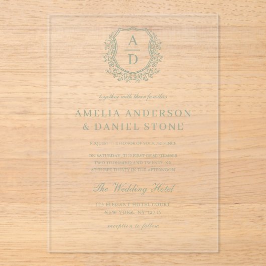 Invitations En Acrylique Sage Green Crest Mariage de monogramme (Recto)