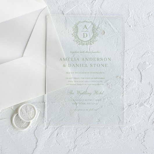 Invitations En Acrylique Sage Green Crest Mariage de monogramme
