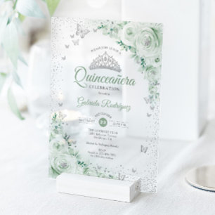Invitations En Acrylique Sage Green Fleurs Aquarelle Roses Quinceanera