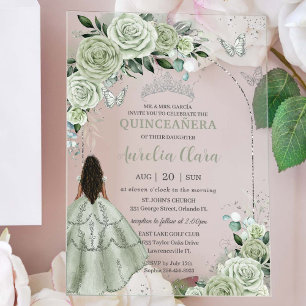 Invitations En Acrylique Sage Green Floral Brown fille Silver Quinceañera
