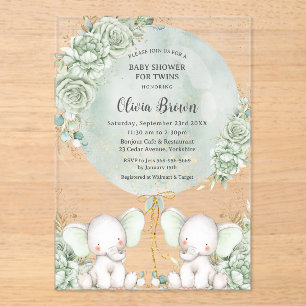 Invitations En Acrylique Sage Green Floral Elephants Jumeaux Baby shower
