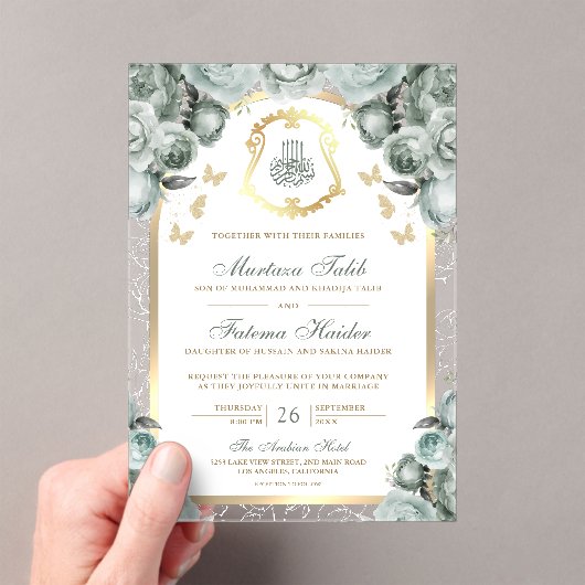 Invitations En Acrylique Sage Green Floral or Arch Mariage musulman (In situ (ordinateur de poche))