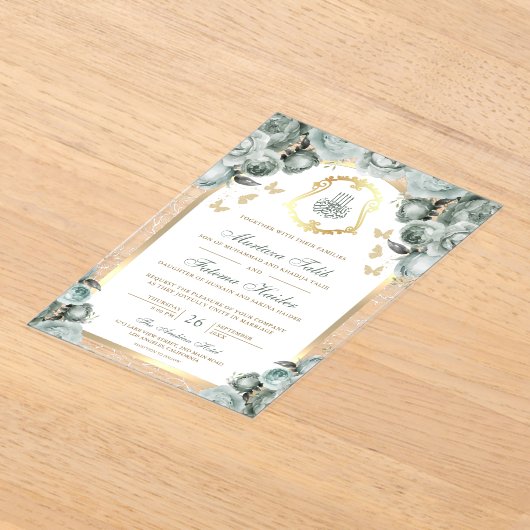 Invitations En Acrylique Sage Green Floral or Arch Mariage musulman (Poser)