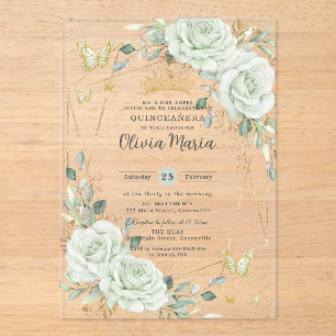 Invitations En Acrylique Sage Green Floral Papillons Quinceañera Quince