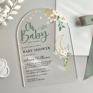 Invitations En Acrylique Sage Green Gold Ivory Floral Lune Arche Baby Showe