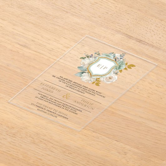 Invitations En Acrylique Sage Green Ivory Floral Monogram Crest Mariage (Poser)