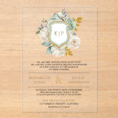 Invitations En Acrylique Sage Green Ivory Floral Monogram Crest Mariage (Recto)