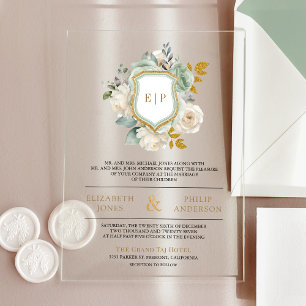 Invitations En Acrylique Sage Green Ivory Floral Monogram Crest Mariage