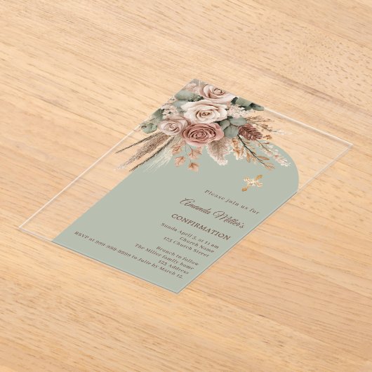 Invitations En Acrylique Sage green ivory taupe roses arch Confirmation (Poser)