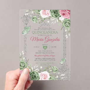 Invitations En Acrylique Sage Green Quinceañera Pink Silver Crown Papillon