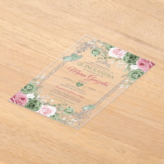 Invitations En Acrylique Sage Green Quinceañera Pink Silver Crown Papillon (Poser)