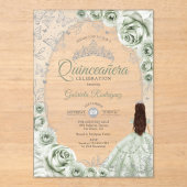 Invitations En Acrylique Sage Green Silver Floral Quinceanera (Recto)