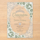 Invitations En Acrylique Sage Green Silver Floral Quinceanera (Recto)