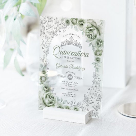 Invitations En Acrylique Sage Green Silver Floral Quinceanera
