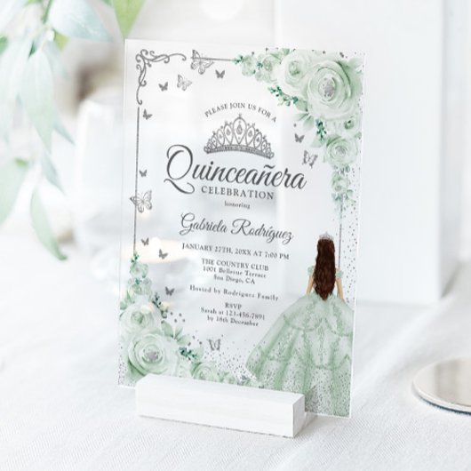 Invitations En Acrylique Sage Green Watercolor Roses Silver Quinceanera