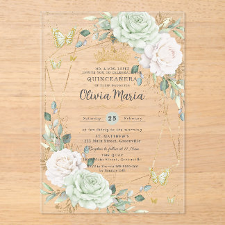 Invitations En Acrylique Sage Green & White Floral Butterflies Quinceanera