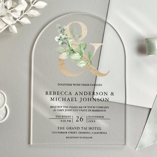 Invitations En Acrylique Sage Greenery Gold Ampersand Wedding