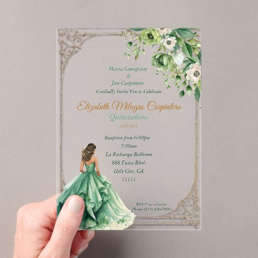 Invitations En Acrylique Sage vert de forêt enchantée Quinceañera (In situ (ordinateur de poche))