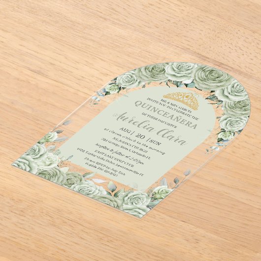 Invitations En Acrylique Sage Vert Floral Arc Moderne Or Quinceanera (Poser)