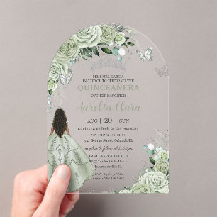 Invitations En Acrylique Sage Vert Floral Brown fille Quinceañera XV Arc