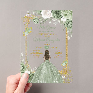 Invitations En Acrylique Sage Vert Floral Papillon Cadre Doré Mis Quince