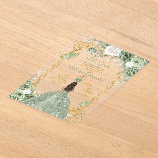 Invitations En Acrylique Sage Vert Floral Papillon Gold Frame Mis Quince (Poser)
