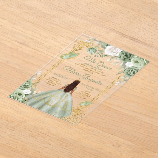 Invitations En Acrylique Sage Vert Floral Papillon Gold Frame Mis Quince (Poser)